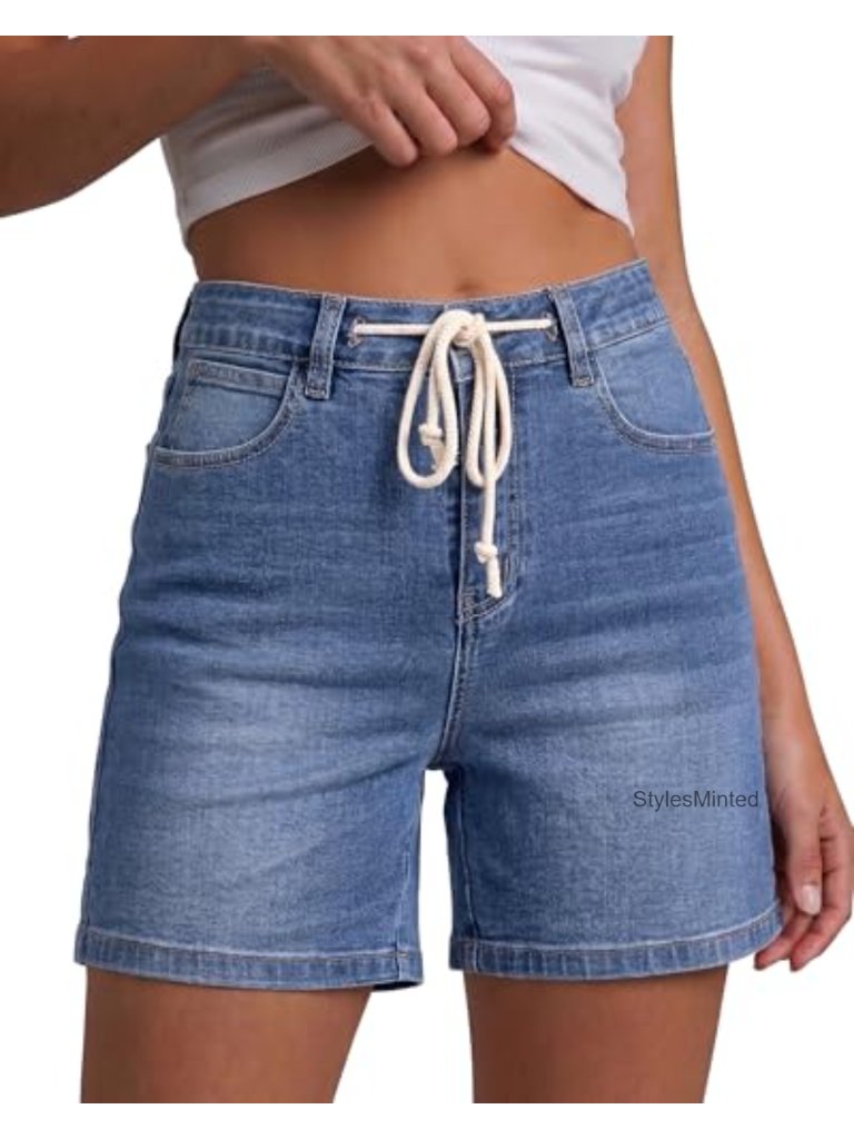 High Waisted Denim Jean Shorts With Drawstring Stretchy 5.5" Inseam Pockets